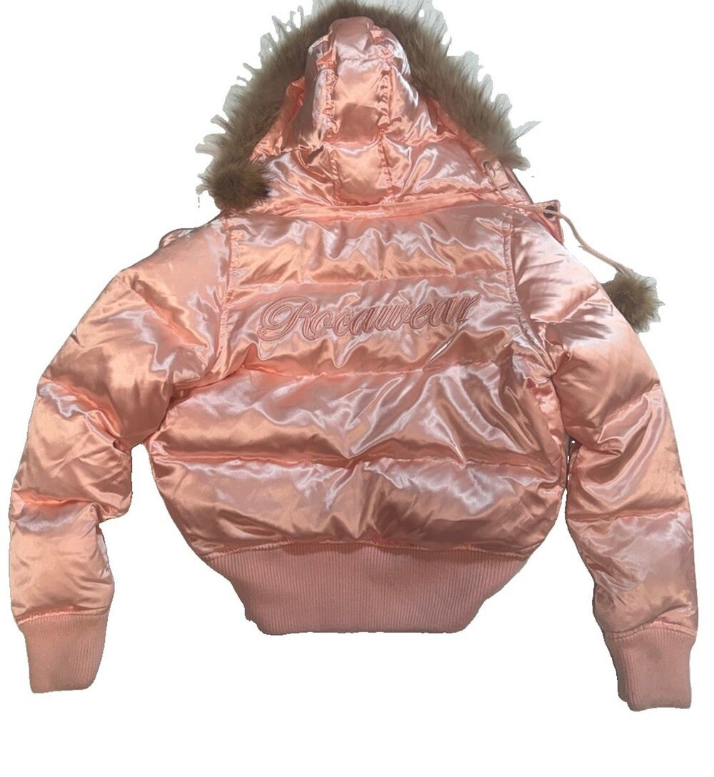 Vintage Y2K Rocawear Puffer Jacket Womens S Cotton Candy Pink Raccoon Fur Hood